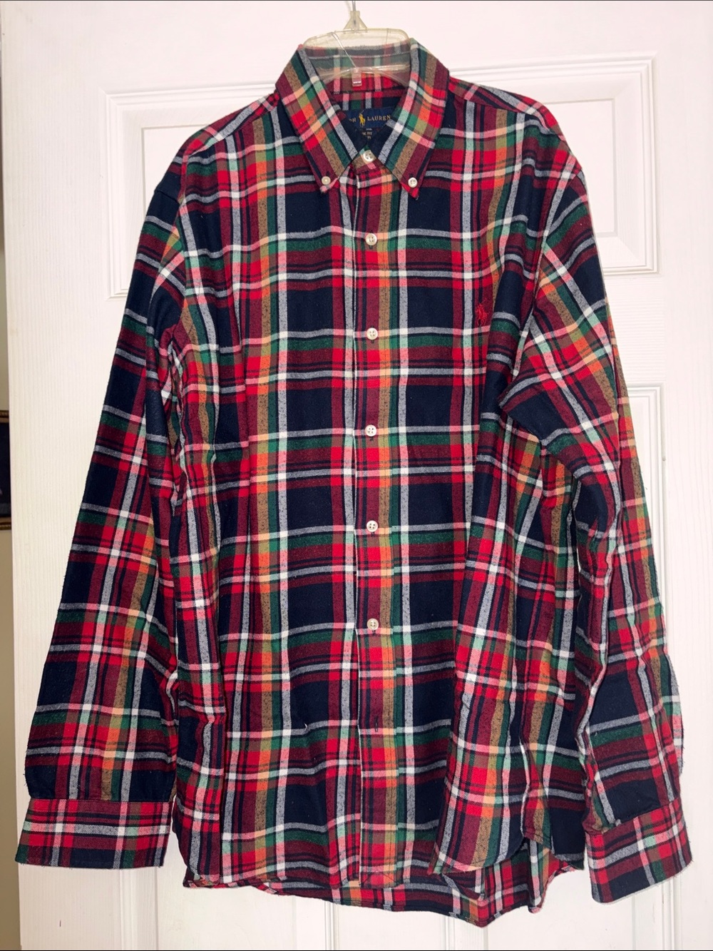 Men's Plaid Ralph Lauren Button-Down Flannel Shirt - Red/Navy, Large